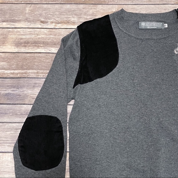 CNDYGRND Candy Grind Gray Knit Sweater Small Embroidered Logo Corduroy Patches - Picture 4 of 9